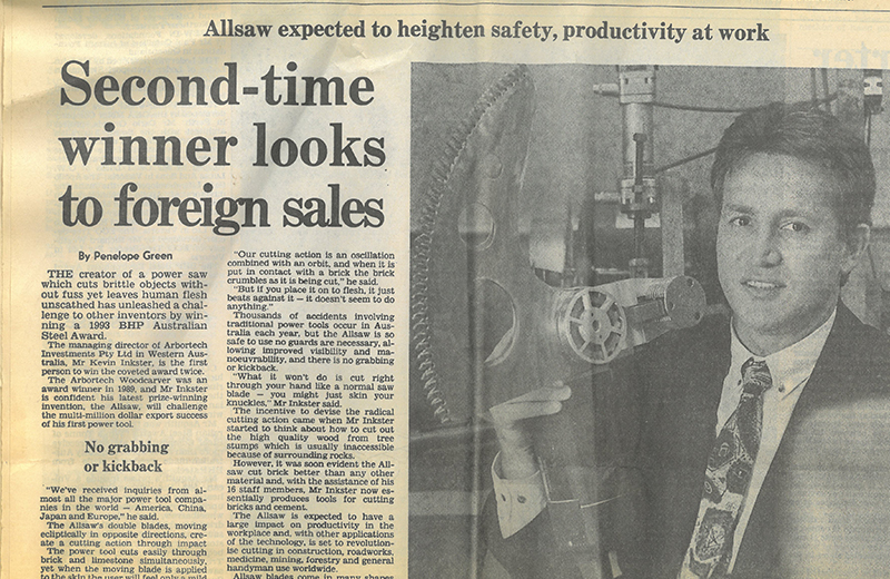 Co-founder Kevin Inkster pictured in a 1993 newspaper feature following his second BHP Australian Steel Award win for the revolutionary Arbortech Allsaw.