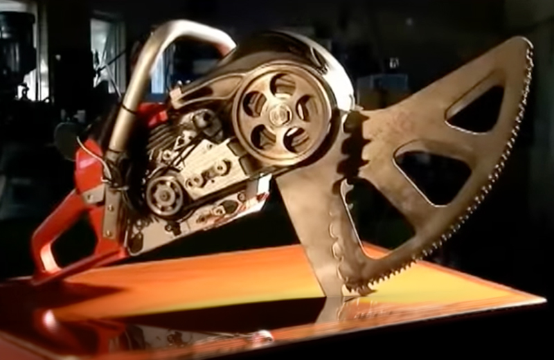 An early petrol-powered prototype of the Allsaw, showcasing the foundational mechanical engineering of the counter-oscillating blades.
